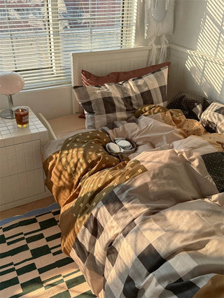 Preppy Brown Patchwork Cotton Bedding Set