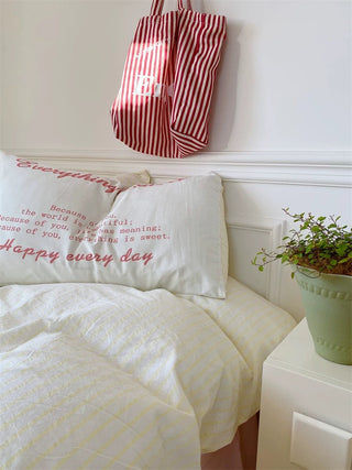 Pink and White Striped Cotton Duvet Cover Set