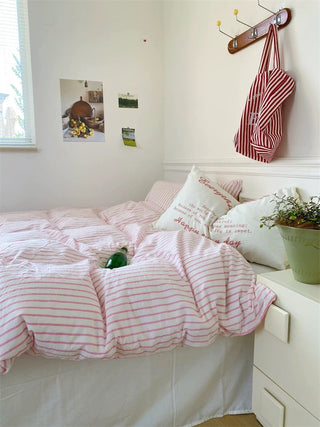 Pink and White Striped Cotton Duvet Cover Set