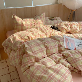 Pink Plaid Cotton Duvet Cover Set