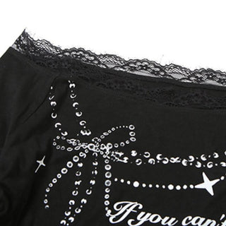 Long sleeve off shoulder lace hem print self tie top