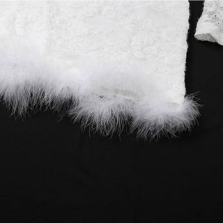 Off shoulder long flared sleeve feather lace mini dress