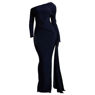 One shoulder long sleeve ruched slit maxi dress