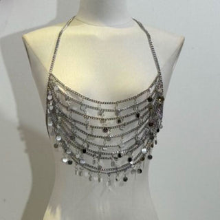 Halter glitter metal chain hollow out cut out top
