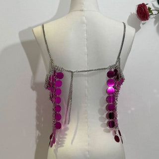 Glitter metal chain hollow out square neck cami cut out top