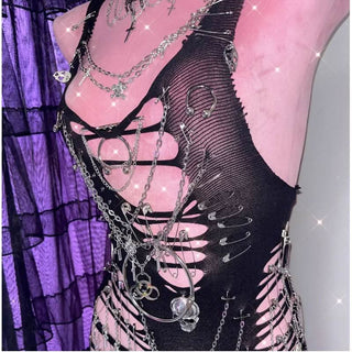 Hollow out metal chain o ring skull applique bodysuit