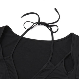 Long sleeve halter self tie v neck button bodysuit