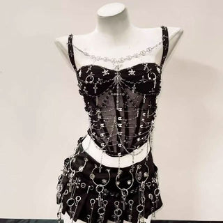 Metal chain cross applique beaded v neck cami top