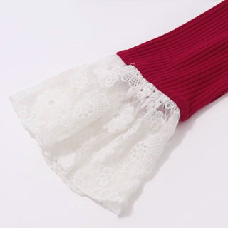 Off shoulder lace hem long flared sleeve ribbed top