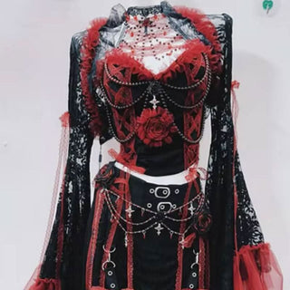 Long sleeve beaded flower applique ruffle midi skirt set