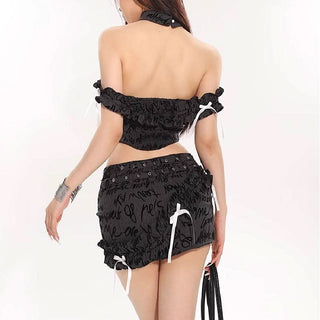 Bowknot off shoulder smocked ruffle letter print top