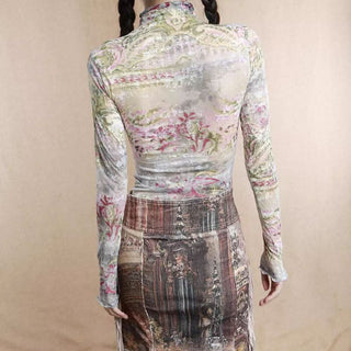 High neck long sleeve print ruffle contrast top