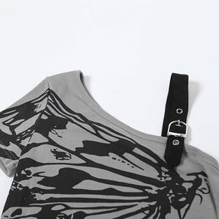 Irregular short sleeve gloves butterfly print top