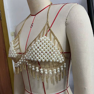 Halter tassels beaded metal chain hollow out cut out top