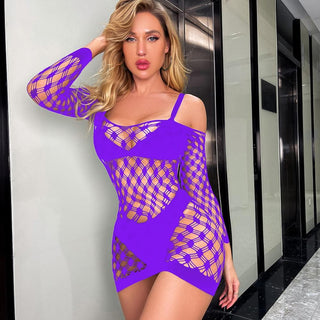 Long sleeve off shoulder hollow out fishnet cut out mini dress