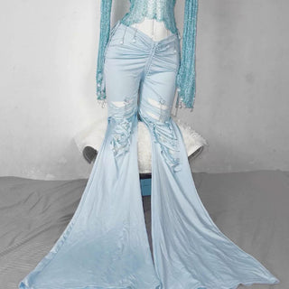 Halter knotted crystal pendant shrug hollow out ruched pant set