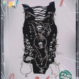 Hollow out metal chain o ring skull applique bodysuit