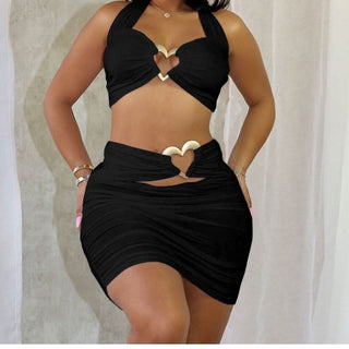 Halter hollow out sweetheart ring mini skirt set