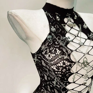 Hollow out metal chain crewneck lace cut out top