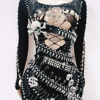 Long sleeve metal applique skull hollow out cut out mini dress