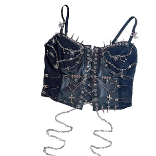 Metal chain rivet lace up PU leather cami top