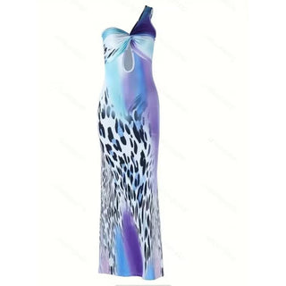 One shoulder leopard print ruched hollow out cut out midi dress