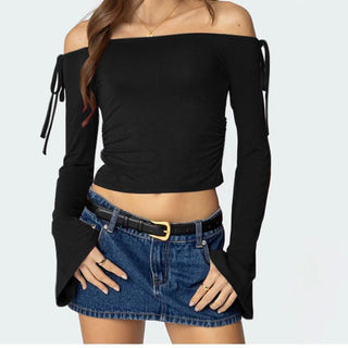 Off shoulder long sleeve ruched self tie top