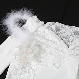 Long flared sleeve off shoulder feather lace midi dress