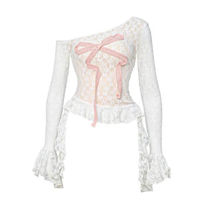 One shoulder long flared sleeve lace hem bowknot top