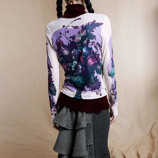 Long sleeve high neck ruffle beaded flower print top