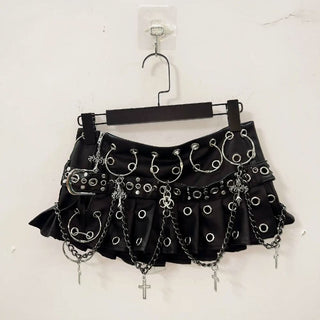 Halter o ring PU leather rivet metal chain mini skirt set