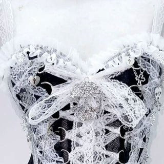 Skull applique lace hem self tie v neck lace up top