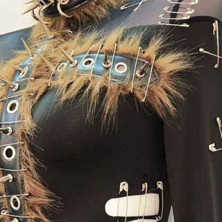 Long sleeve fluffy hollow out rivet applique cut out top