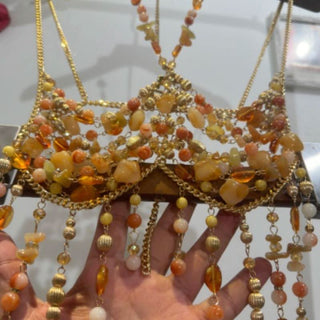 Metal chain hollow out halter beaded cami cut out top