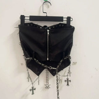 Zip-up rivet metal chain skull zip-up tube top