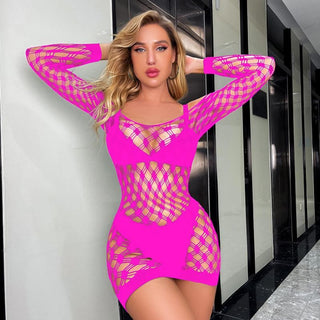 Long sleeve off shoulder hollow out fishnet cut out mini dress