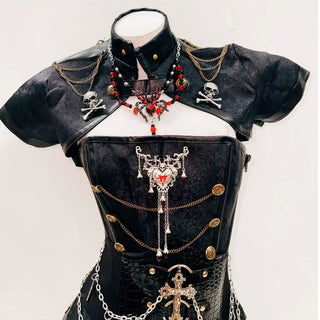 Short sleeve high metal chain skull 2 piece top