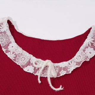 Off shoulder lace hem long flared sleeve ribbed top