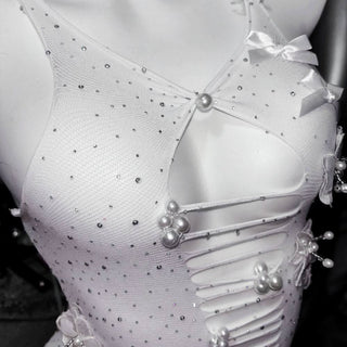 V neck beaded bowknot hollow out metal chain cami cut out mini dress