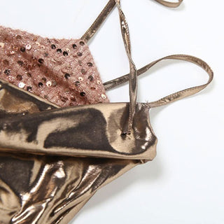 Metallic ruched glitter hollow out halter self tie cut out mini dress