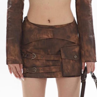 Long sleeve PU leather buckle pocket mini skirt set