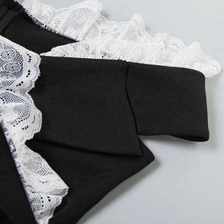 Off shoulder lace hem v neck zip-up bodysuit