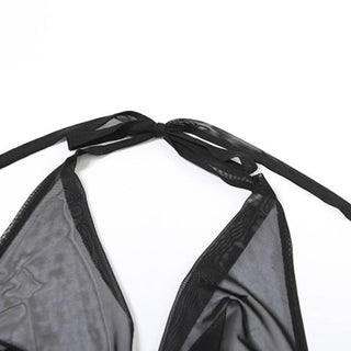 Halter self tie mesh backless solid 2 piece top