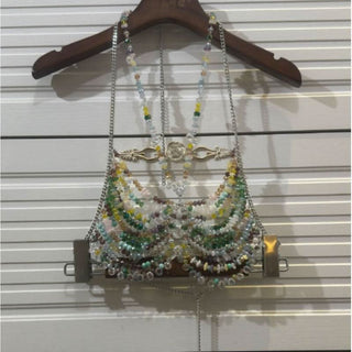 Halter metal chain hollow out beaded cut out top