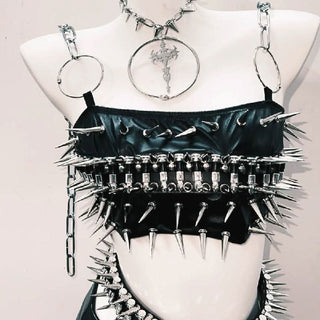 O ring rivet applique PU leather metal chain mini skirt set