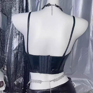 PU leather heart applique v neck backless cami top