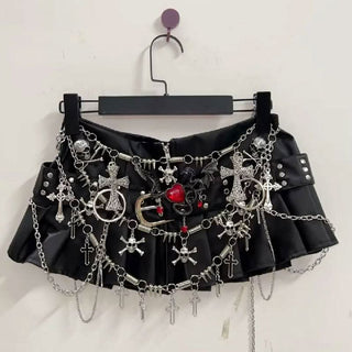 Cross applique pleated zip-up o ring mini skirt