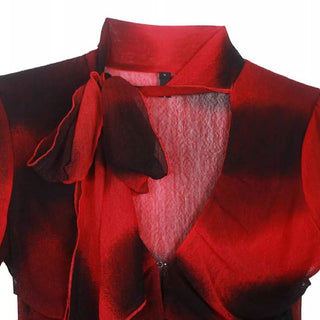 Long flared sleeve ruffle deep V neck mesh print top