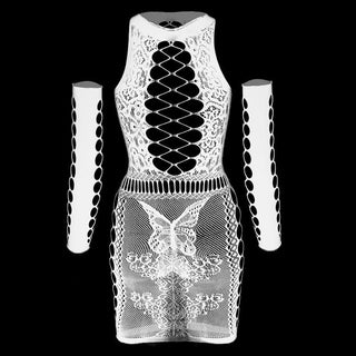 Gloves lace fishnet diamond pattern mini dress