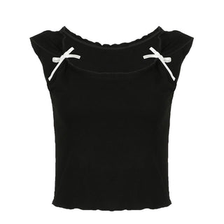 Cap sleeve bowknot u neck ruffle top